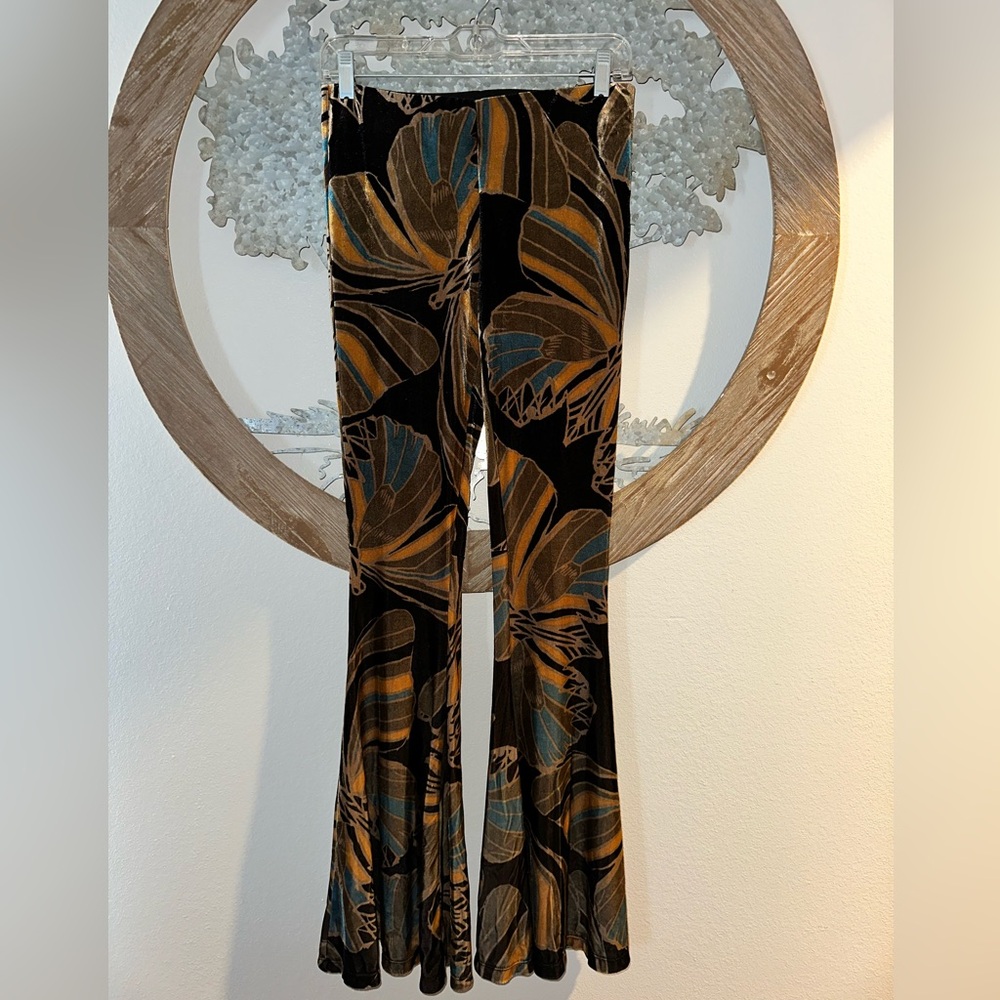Free People Black Floral Velvet Flare Pants with Mustard & Teal Print